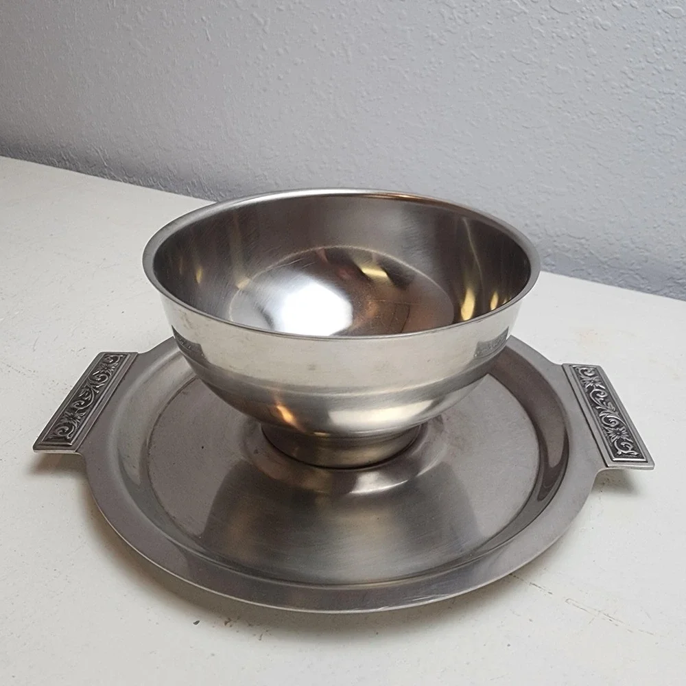 Vintage MCM Silver Bowl with Handles & Tray, Stainless Steel, Neat Black Pattern